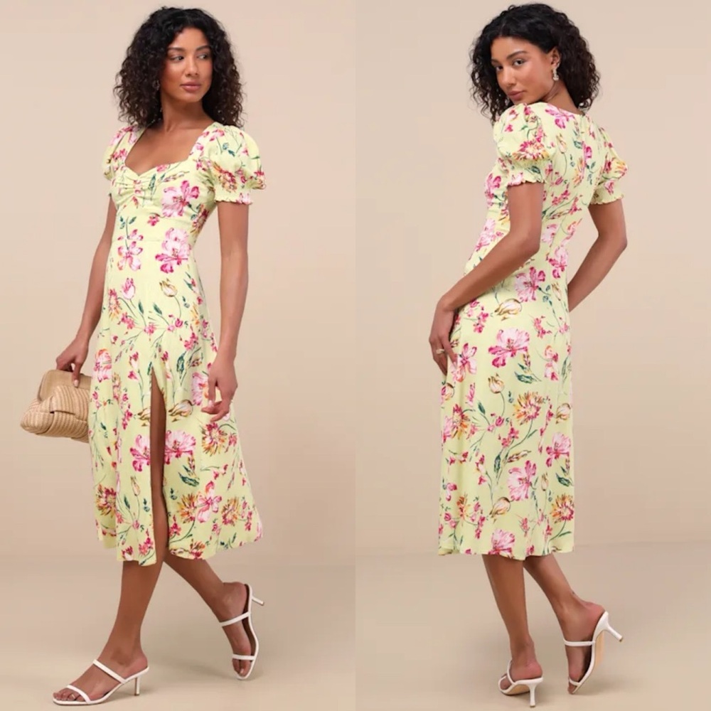 Lulus Parisian Picnic Green Floral Jacquard Puff Sleeve Midi Dress Front Slit L